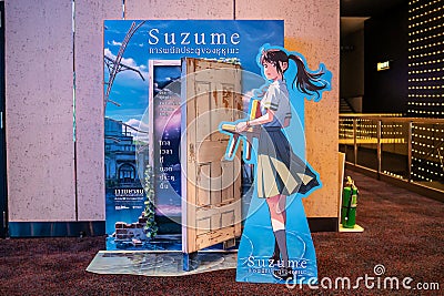 Beautiful standee of movie characters of Japanese manga and anime Suzume no Tojimari Displays at the cinema to promote the movie Editorial Stock Photo