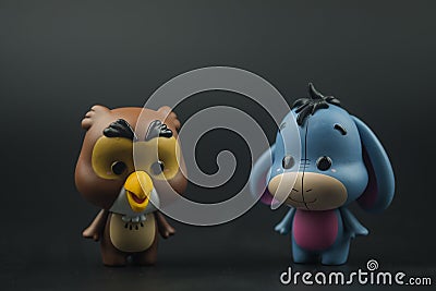 Bangkok, Thailand - April 12, 2021 : Cute figurine of Eeyore and Owl, Winnie the pooh Figures Mystery box Blind box from Miniso Editorial Stock Photo