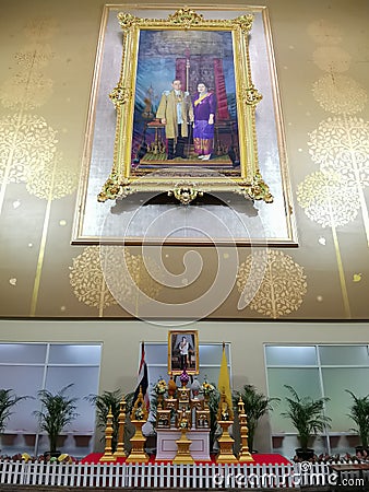 Bangkok,Thailand -April 28, 2019 : King Rama 9 His Majesty King Bhumibol Adulyadej & Queen Image at the Hall of Ramathibodi Hos Editorial Stock Photo