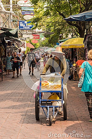 Bangkok, Thailand - April, 2019: little pedestrian Rambuttri street in Bangkok Editorial Stock Photo