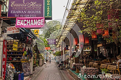 Bangkok, Thailand - April, 2019: little pedestrian Rambuttri street in Bangkok Editorial Stock Photo