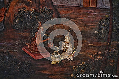 Bangkok ,Thailand, April 16, 2022: The Ramakian mural paintings at the Temple of the Emerald Buddha, grand palace ,wat phra kaew Editorial Stock Photo