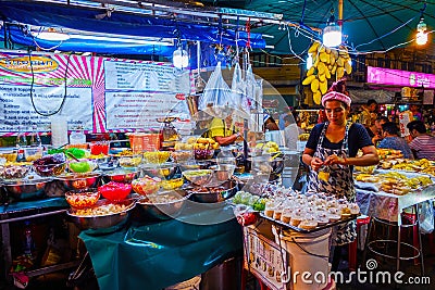 The street vendor of street Thai kitchen offers variety of soups in packets to go on Khaosan Road in Bangkok, Thailand Editorial Stock Photo