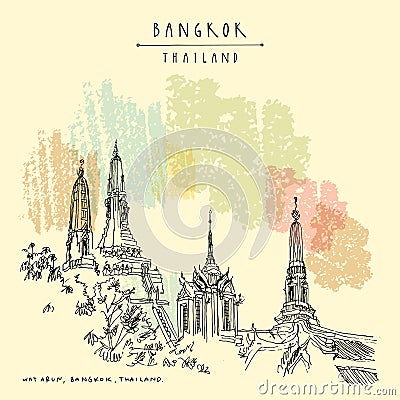 Vector Bangkok, Thailand, Asia postcard in retro style. Wat Arun Temple of Dawn, famous venerated Buddhist temple. Travel sketch Stock Photo