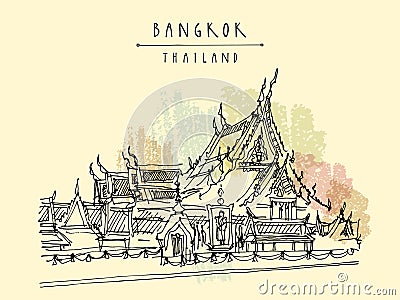 Vector Bangkok, Thailand, postcard in retro style. Wat Suthat Buddhist temple in the Thai capital Krungthep Mahanakorn. Travel Stock Photo