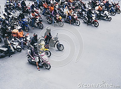 BANGKOK, THAILAND - AUG 31, 2018 : Bangkok Motorcycles on street Crowed Rider stop for Traffic light Editorial Stock Photo