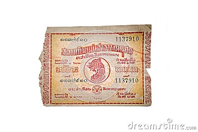 Bangkok, Thailand - August 2, 1951. 2494 Antique Lotto or Lottery on white background, isolated 1137910 Editorial Stock Photo