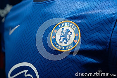 Close Up on Logo of Chelsea football club on an official 2020 jerseys Editorial Stock Photo
