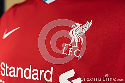 Close Up on Logo of Liverpool football club on an official 2020 jerseys Editorial Stock Photo