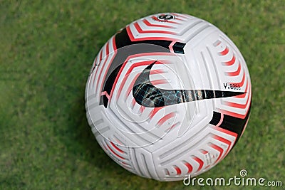 Close-Up on Nike Flight The Official English Premier League Match 20/21 Ball on the Field Editorial Stock Photo