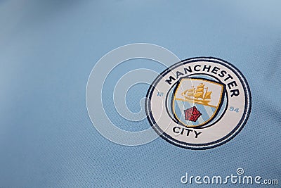 BANGKOK, THAILAND - AUGUST 5: The Logo of Manchester City Football Club on the Jersey on August 5,2017 in Bangkok Thailand. Editorial Stock Photo