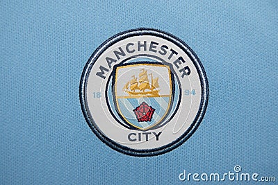 BANGKOK, THAILAND - AUGUST 5: The Logo of Manchester City Football Club on the Jersey on August 5,2017 in Bangkok Thailand. Editorial Stock Photo