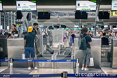BANGKOK, THAILAND - AUGUST 26: Passengers check-in to Eva Air in Suvarnabhumi International Airport in Bangkok on August 26, 2018 Editorial Stock Photo