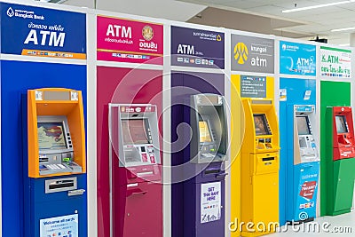 Bangkok, Thailand - 15 August 2019: Thai colorful ATM machines placing in airport. Editorial Stock Photo