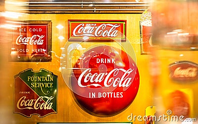 Bangkok, Thailand - August 12, 2019: Various type of vintage signage of Coca Cola collection in Coca Cola museum at Baan Bangkhen Editorial Stock Photo
