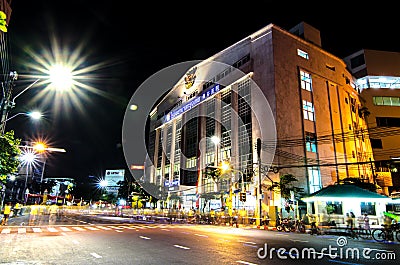 Bangkok, Thailand - Dec 11, 2015: Exterior view night of Bangkok Hospital Chinatown. Editorial Stock Photo
