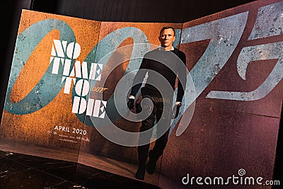 Bangkok, Thailand - Dec 20, 2019: James Bond 007 No Time To Die movies advertising on backdrop poster standee in cinema theatre Editorial Stock Photo