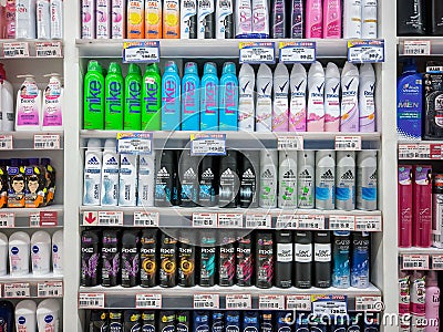 BANGKOK, THAILAND - December 11, 2022: Anti-perspirant spray of various brands stocked fully on the shelves of Foodland supermart Editorial Stock Photo