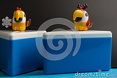 Bangkok, Thailand - December 17, 2022 : Cut blue box with logo and mascot from Cafe Amazon. Souvenir Editorial Stock Photo