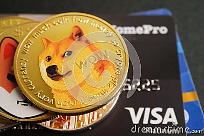 Bangkok, Thailand - December 15, 2021 Golden bitcoin with credit card on US dollar banknotes money for business and commercial, Editorial Stock Photo