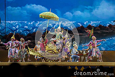 Khon is dance drama of Thai classical masked, this performance is Ramayana epuc, act Vishnu Editorial Stock Photo