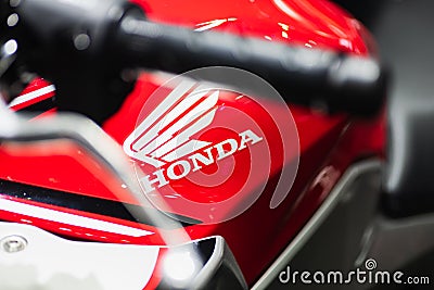 Bangkok, Thailand - Decemeber 5, 2019 : Honda logo on the body of sports motorbike at a car show. Honda is a one of the famous Editorial Stock Photo