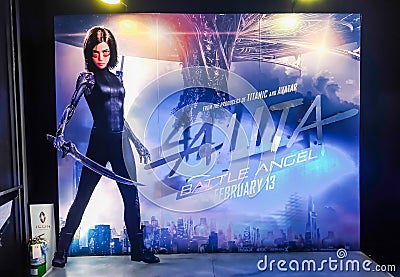 A beautiful standee of a movie called Alita display showing at cinema Editorial Stock Photo