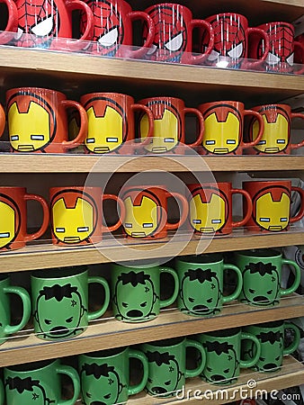 BANGKOK, THAILAND - Feb,10 2020: Cute superhero cups/products of the Marvel universe on orderly store shelves in Editorial Stock Photo