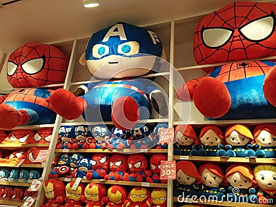 BANGKOK, THAILAND - Feb,10 2020: Cute superhero dolls/toys of the Marvel universe on orderly store shelves in Editorial Stock Photo