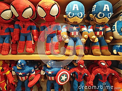 BANGKOK, THAILAND - Feb,10 2020: Cute superhero dolls/toys of the Marvel universe on orderly store shelves in Editorial Stock Photo