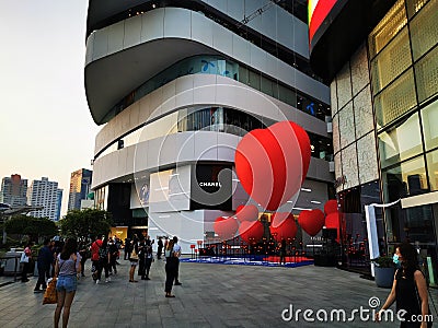 Bangkok, Thailand - February 1,2020 the department store setup big red heart balloon the street to celebrate Valentine festival Editorial Stock Photo