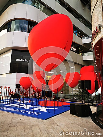 Bangkok, Thailand - February 1,2020 the department store setup big red heart balloon the street to celebrate Valentine festival Editorial Stock Photo