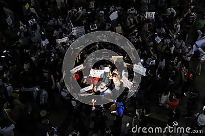 Myanmar protesters joined thai protesters protest at Pathumwan Intersection Editorial Stock Photo