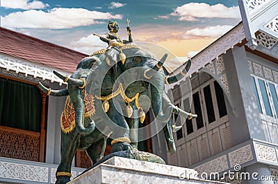 Bangkok, Thailand - February 04, 2023: Statue Eravan three headed elephant of Indra Editorial Stock Photo