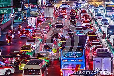 Bangkok, Thailand - February 21, 2017: View of long traffic jam Editorial Stock Photo