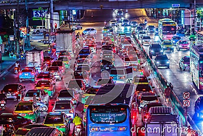 Bangkok, Thailand - February 21, 2017: View of long traffic jam Editorial Stock Photo