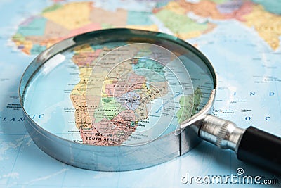 Bangkok, Thailand January 20, 2022 Africa, Magnifying glass close up with colorful world map, travel, geography, tourism and Editorial Stock Photo