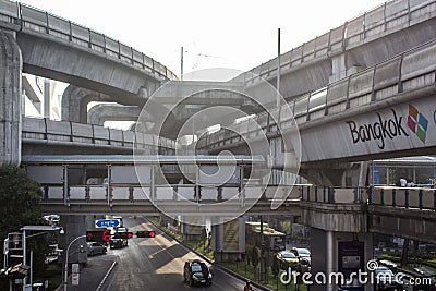 Cityscape of Bankgok City center road traffic with sky train rai Editorial Stock Photo