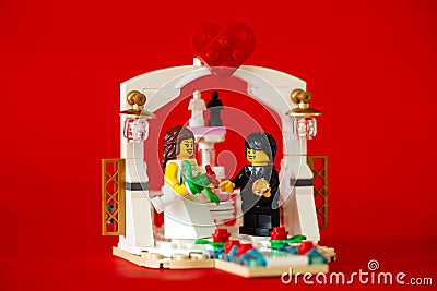 Bangkok,Thailand. January 19,2020 - Couple of lego minifigure.groom and bride in wedding ceremony. Editorial Stock Photo