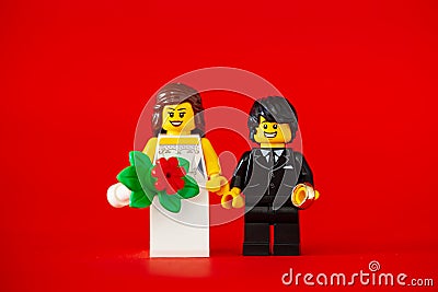 Bangkok,Thailand. January 19,2020 - Couple of lego minifigure.groom and bride in wedding ceremony. Editorial Stock Photo