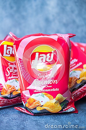BANGKOK, THAILAND - January 26, 2022 : Lay`s potato chips, cream cheese salmon flavor Editorial Stock Photo
