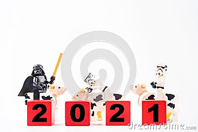 Bangkok, Thailand - January, 17, 2021 : Lego Star Wars rides a bull to celebrate 2021.Year of the Cow by the Year of the 12 Editorial Stock Photo