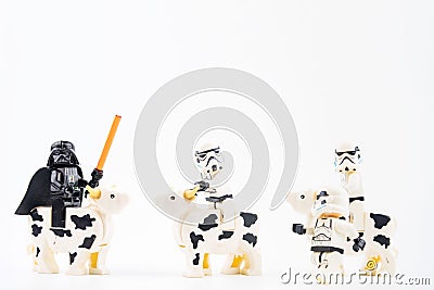 Bangkok, Thailand - January, 17, 2021 : Lego Star Wars is riding a cow at Bangkok, Thailand.Fun scene concept Editorial Stock Photo