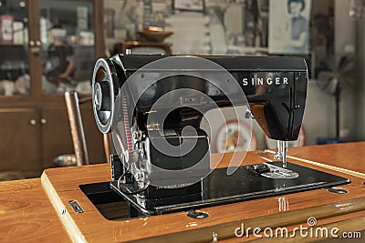 Bangkok, Thailand, January 5, 2020: old electric sewing machine singer black color Editorial Stock Photo