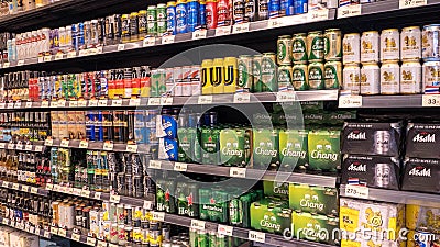 Bangkok, Thailand - January 14 - 2018: Shelf of beverage, domestic and imported beer cans and bottles at Super maket in Thailand Editorial Stock Photo