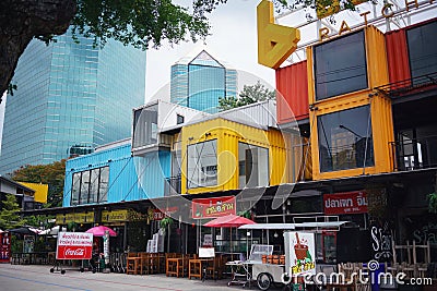 BANGKOK,THAILAND-JULY 10 2019:Container cafe ,store is an outdoor coffee shop design and builds with second-hand a sea shipping Editorial Stock Photo