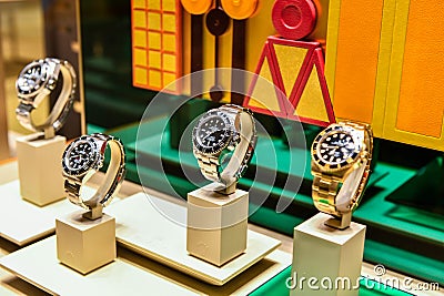 Rolex luxury watches for sale in window boutique store at Central World. Fashion and luxury. Editorial Stock Photo