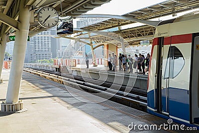 BANGKOK, THAILAND - 5 JUNE 2018: BTS Sky train on platform of mochit station in the morning Editorial Stock Photo