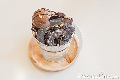 Chocolate bingsu ice cream dessert at Swensen`s ice cream restaurant Editorial Stock Photo