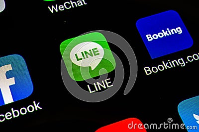 Bangkok, Thailand - June 15 2019: Macro photo of Line application icon on a smartphone screen. Line-Free Calls and Messages app in Editorial Stock Photo
